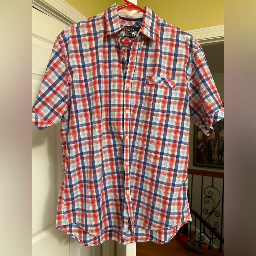 Dukes Bark American Sportswear Men's Red and Blue Plaid Shirt Large